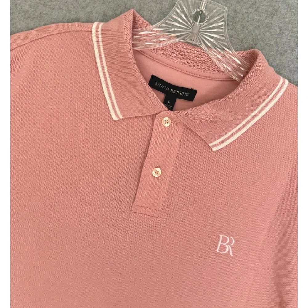 NEW! Banana Republic Pique Polo Mens Large Pink Tipped Collar Short Sleeve Logo